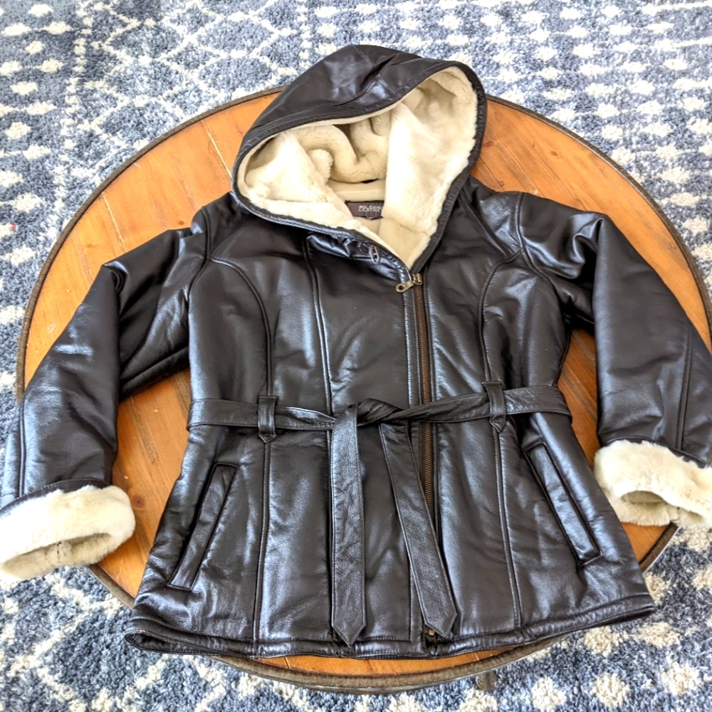 Wilson’s Leather Fur Lined Hooded Belted Jacket Womans Size Large